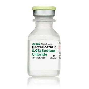 Pfizer Bacteriostatic Sodium Chloride 0.9%, 20 mL Vials photographed against a plain background.