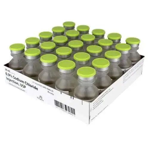 Pfizer Sodium Chloride 0.9%, 20 mL Vials photographed against a plain background.