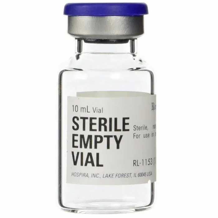 Pfizer Sterile Empty Glass Vials, 10 mL photographed against a plain background.