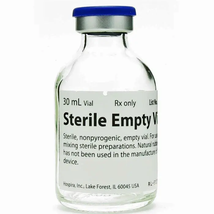 Pfizer Sterile Empty Glass Vials, 30 mL photographed against a plain background.