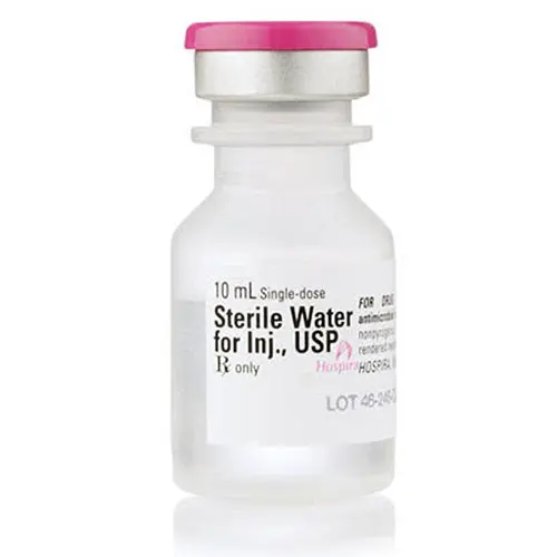 Pfizer Sterile Water, 10 mL Vials photographed against a plain background.