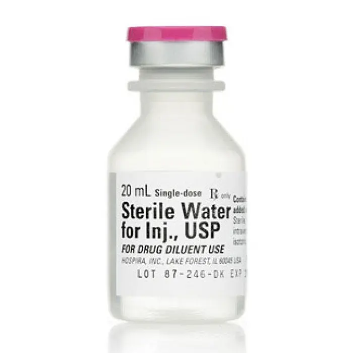 Pfizer Sterile Water, 20 mL Vials photographed against a plain background.