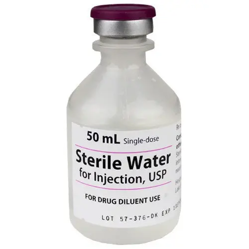 Pfizer Sterile Water, 50 mL Vials photographed against a plain background.