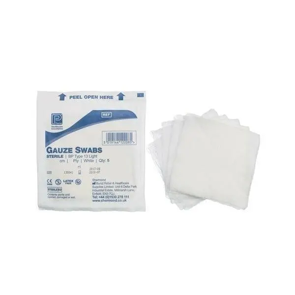 Premier 7.5 x 7.5 Sterile Gauze Swabs Single Pack of 5 photographed against a plain background.