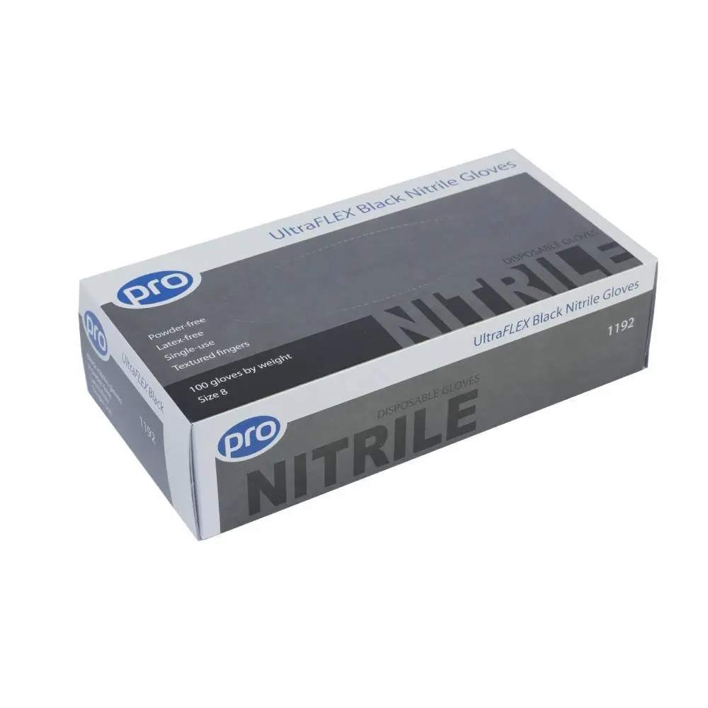 PRO Black Nitrile Examination Gloves photographed against a plain background.