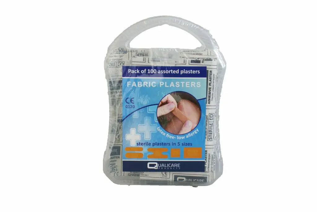 Qualicare 100 Assorted Fabric Plasters photographed against a plain background.