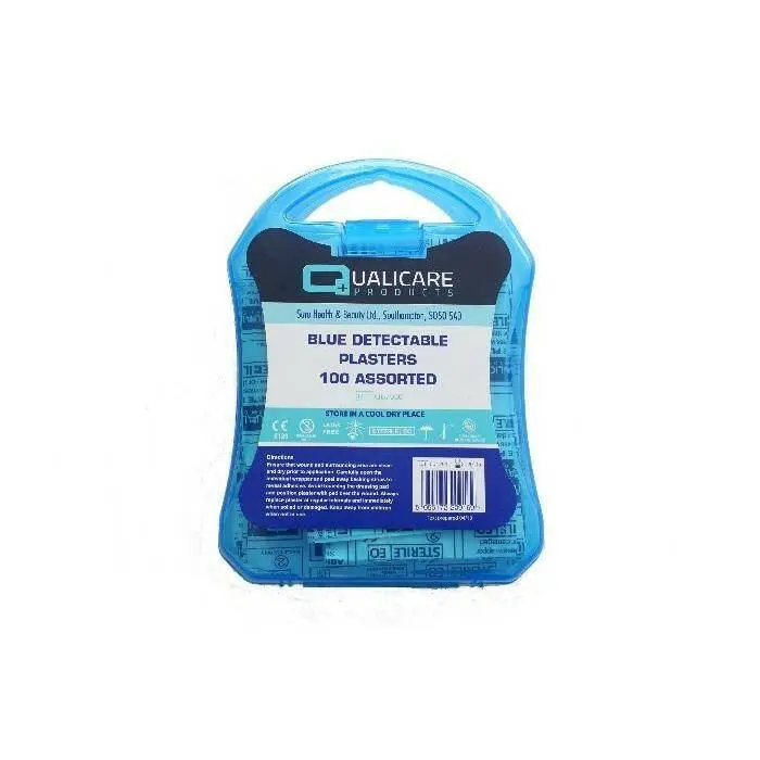 Qualicare Assorted Blue Detectable Plasters x 100 Boxed photographed against a plain background.