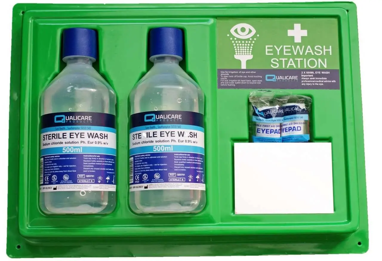 Qualicare Eyewash Station 2 x 500ml photographed against a plain background.