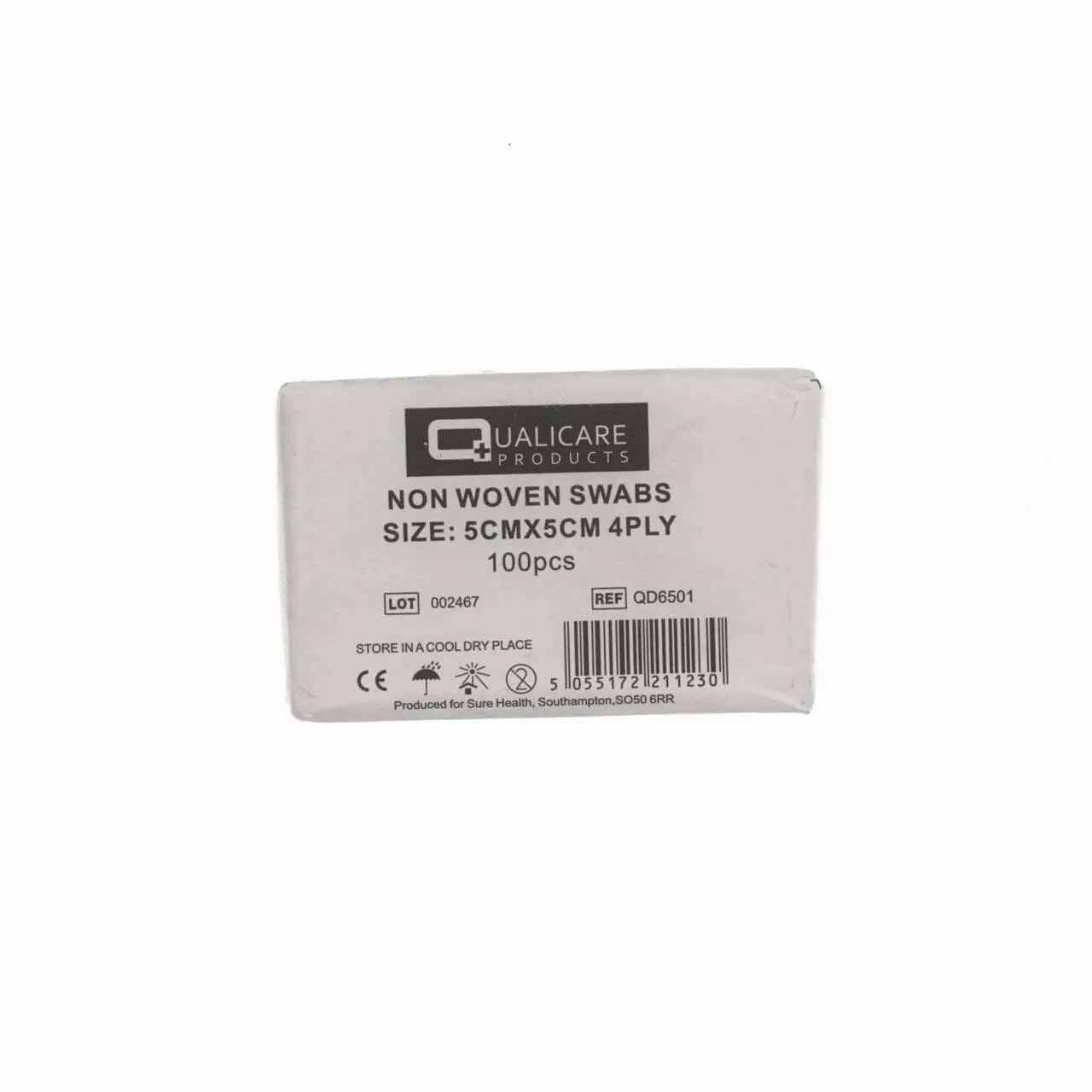 Qualicare Gauze Swabs 5cm x 5cm 4 Ply x 100 photographed against a plain background.