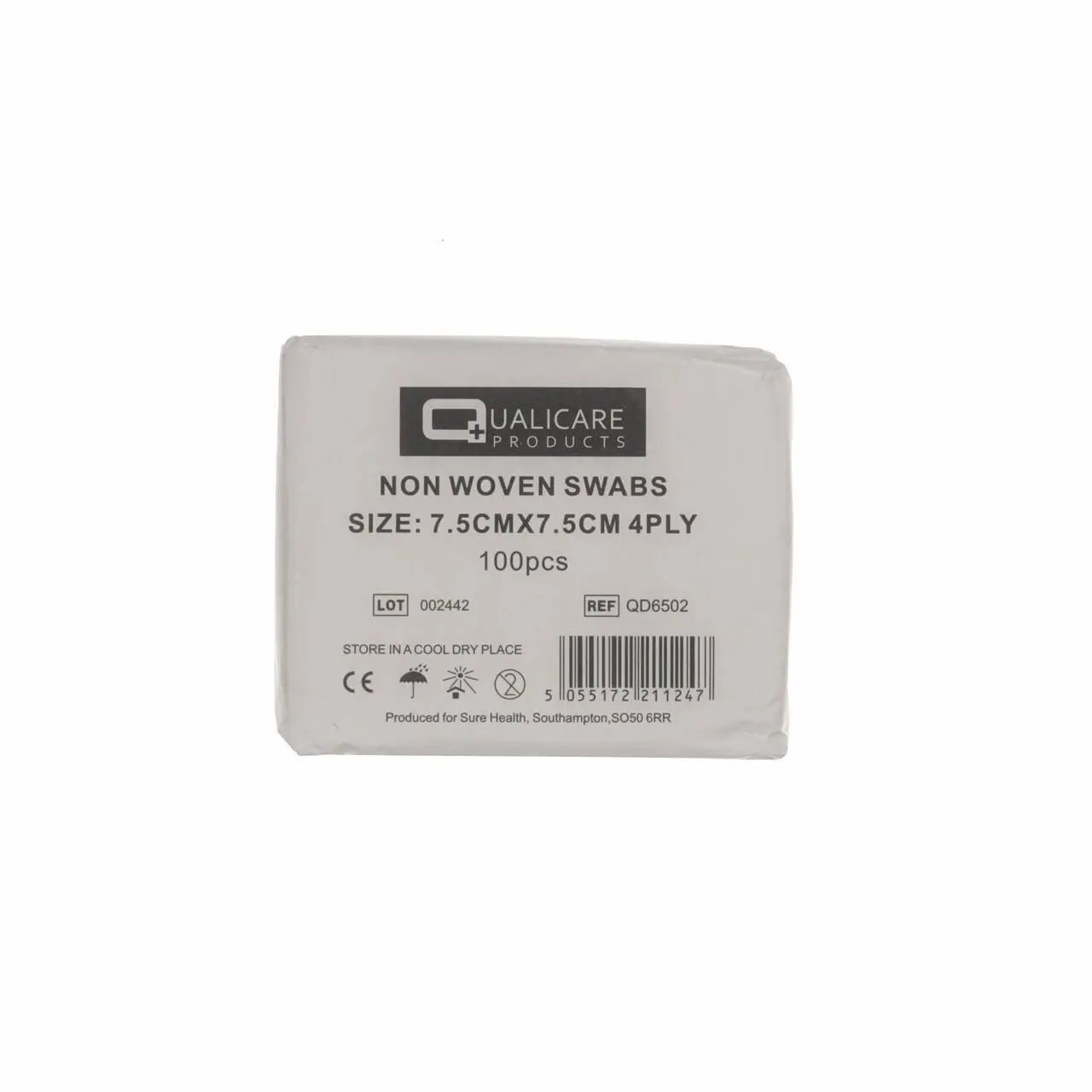 Qualicare Gauze Swabs: 7.5cm x 7.5cm 4 Ply x 100 photographed against a plain background.