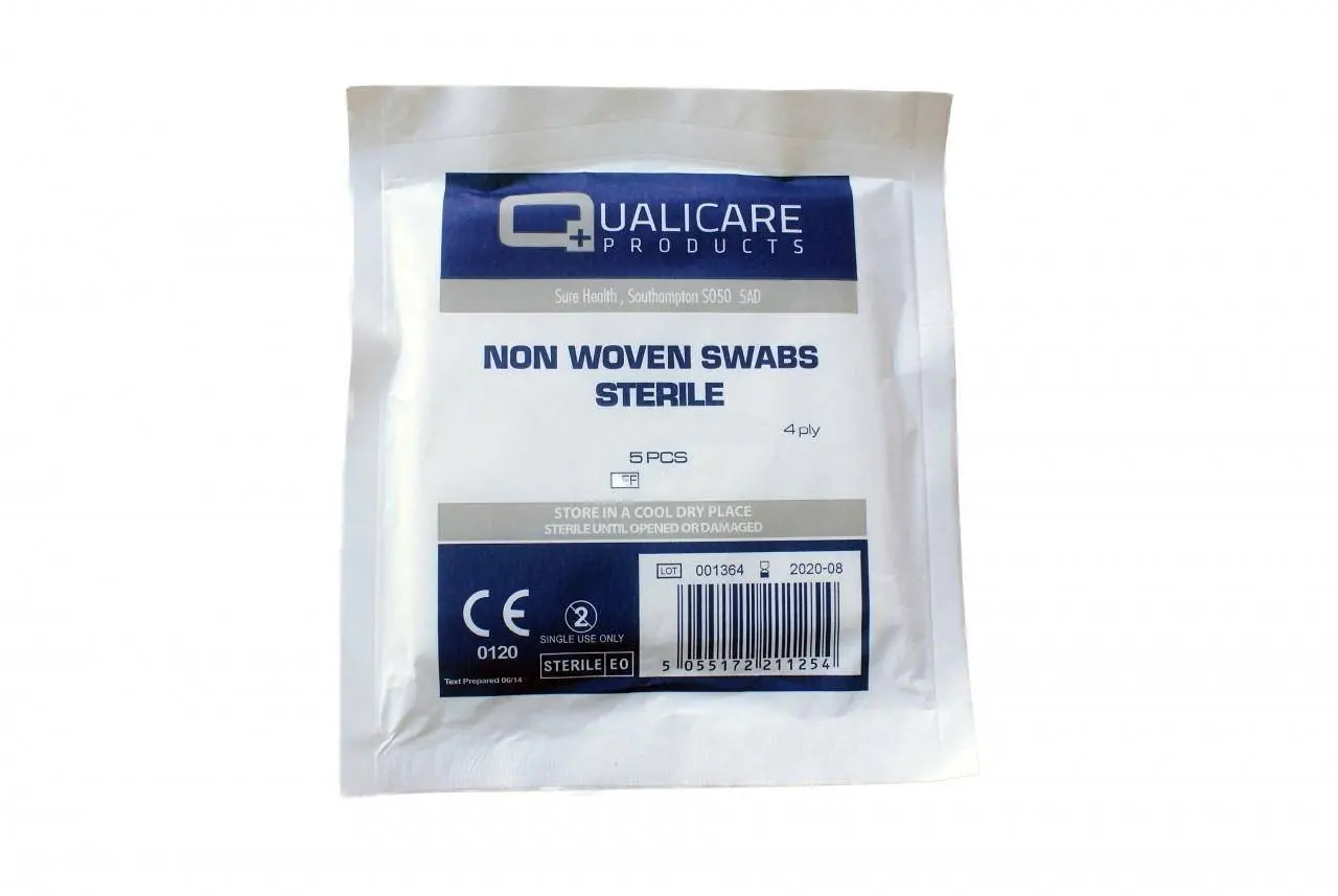 Qualicare Sterile 5cm 4ply Non Woven Gauze Swabs photographed against a plain background.