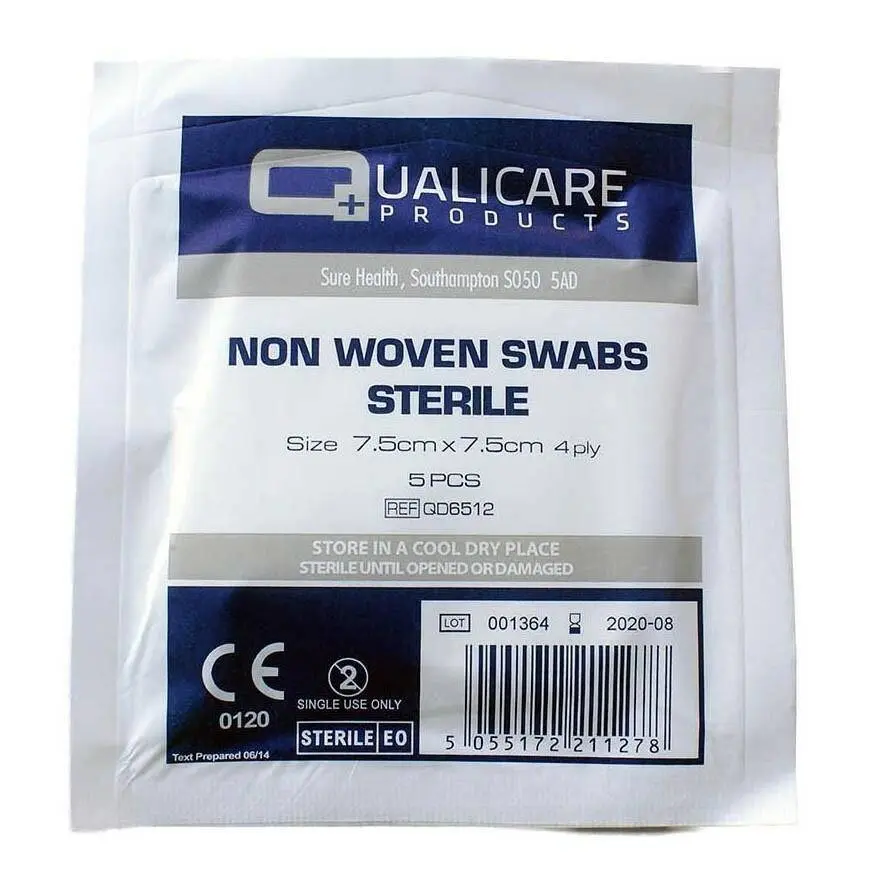 Qualicare Sterile 7.5cm Non Woven Gauze Swabs photographed against a plain background.