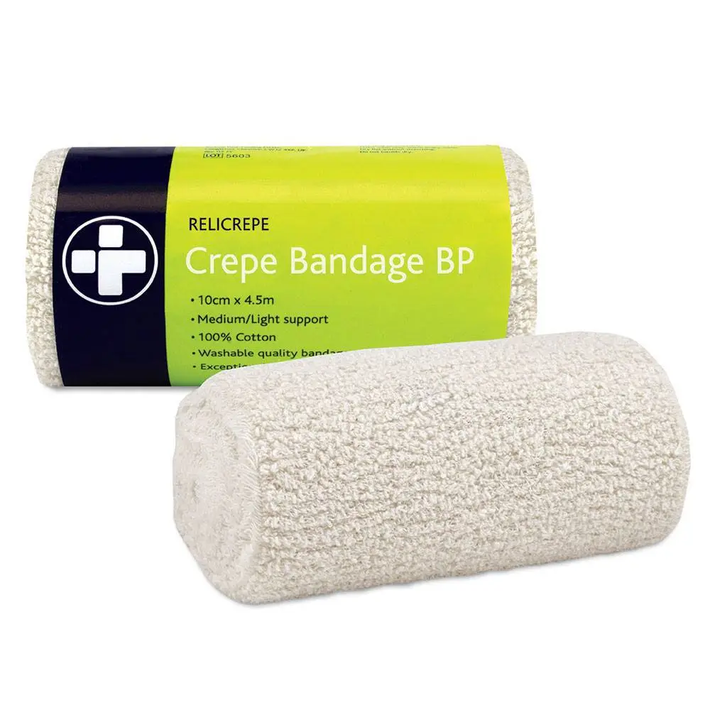 Reliance Medical 10cm x 4.5m Relicrepe Crepe Bandage photographed against a plain background.