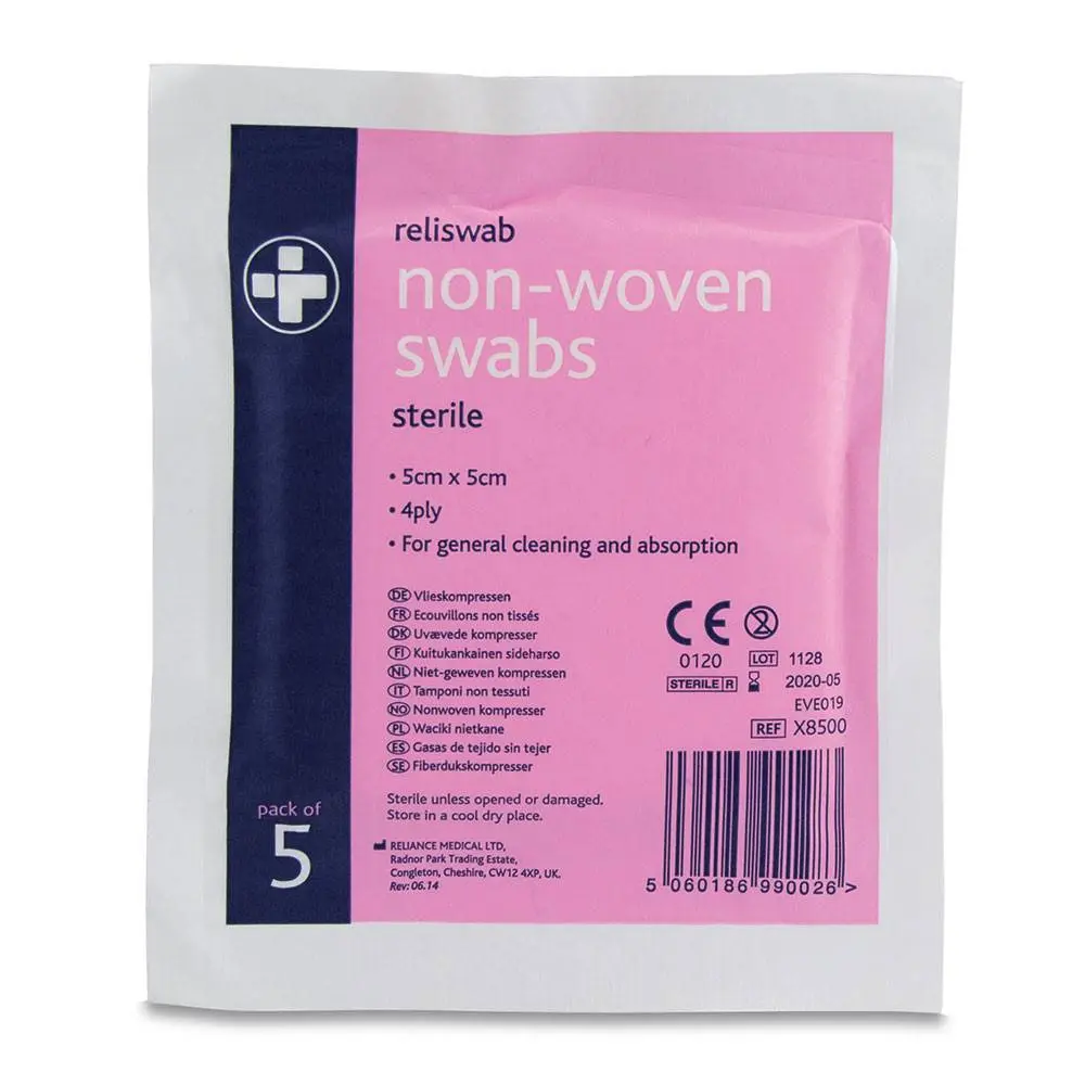 Reliance Medical 5cm x 5cm Reliswab Swabs Non-Woven Sterile 4ply Pack of 5 photographed against a plain background.