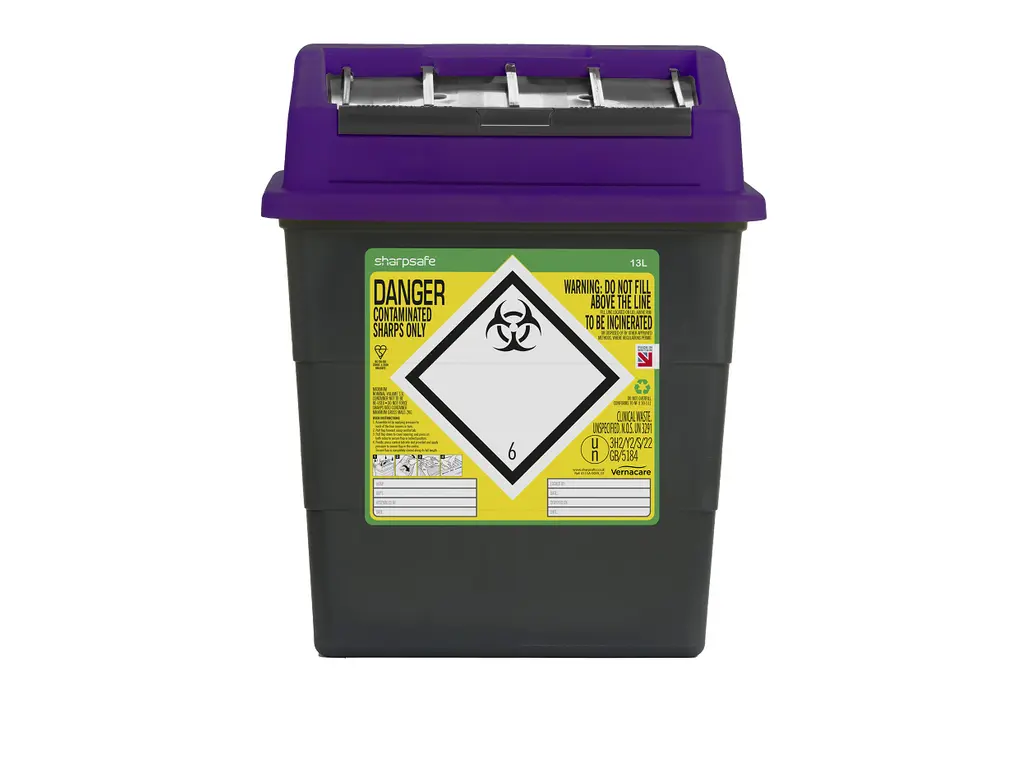 Sharpsguard 13 Litre Sharpsafe Grey Sharps Bin Purple Lid photographed against a plain background.