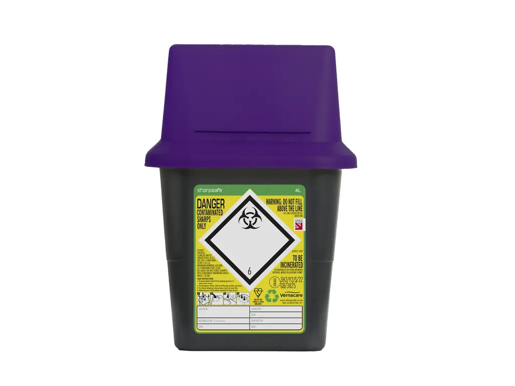 Sharpsguard 4 Litre Sharpsafe Grey Sharps Bin Purple Lid photographed against a plain background.