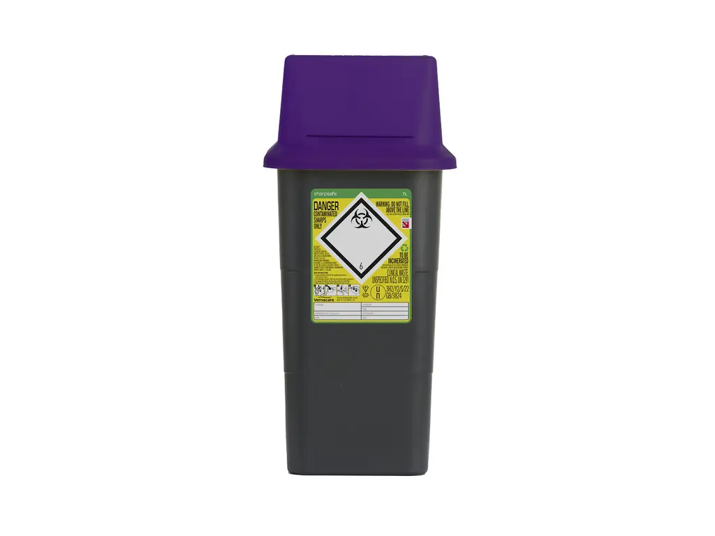 Sharpsguard 7 Litre Sharpsafe Grey Sharps Bin - Purple Lid photographed against a plain background.