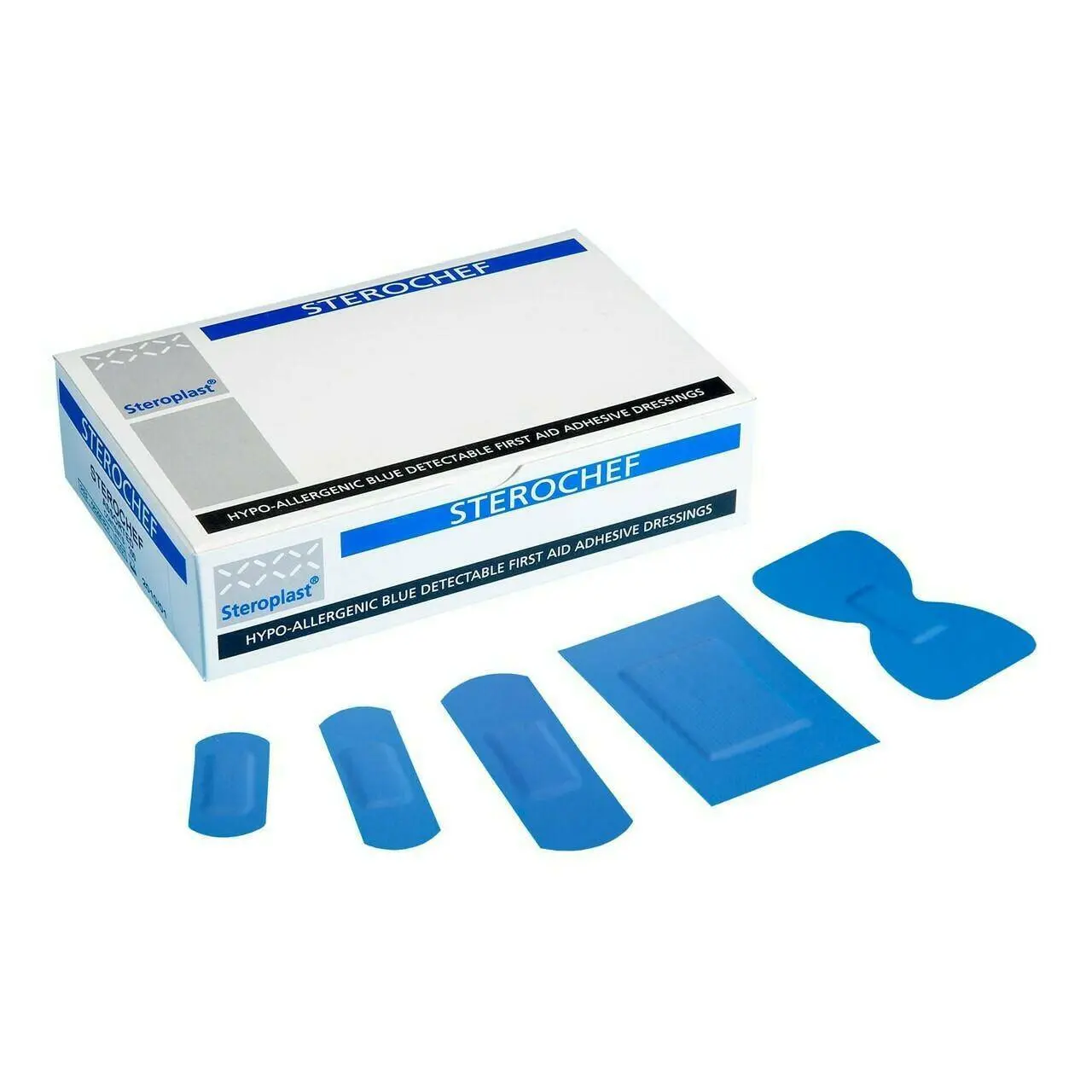 Steroplast Sterochef Assorted Blue Detectable Plasters x 100 photographed against a plain background.