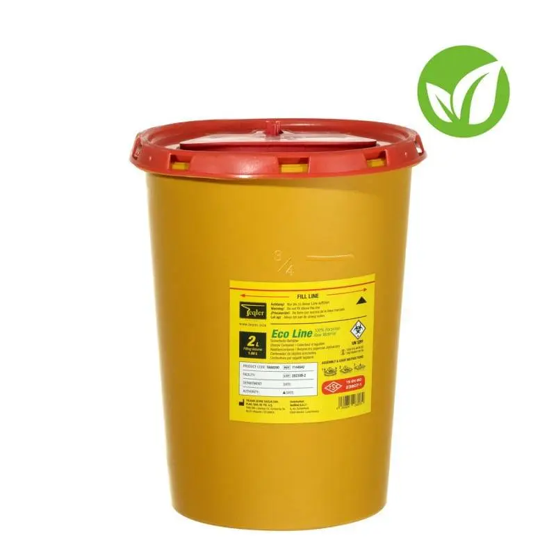 Teqler 2 Litre Eco Line Sharps Bin photographed against a plain background.