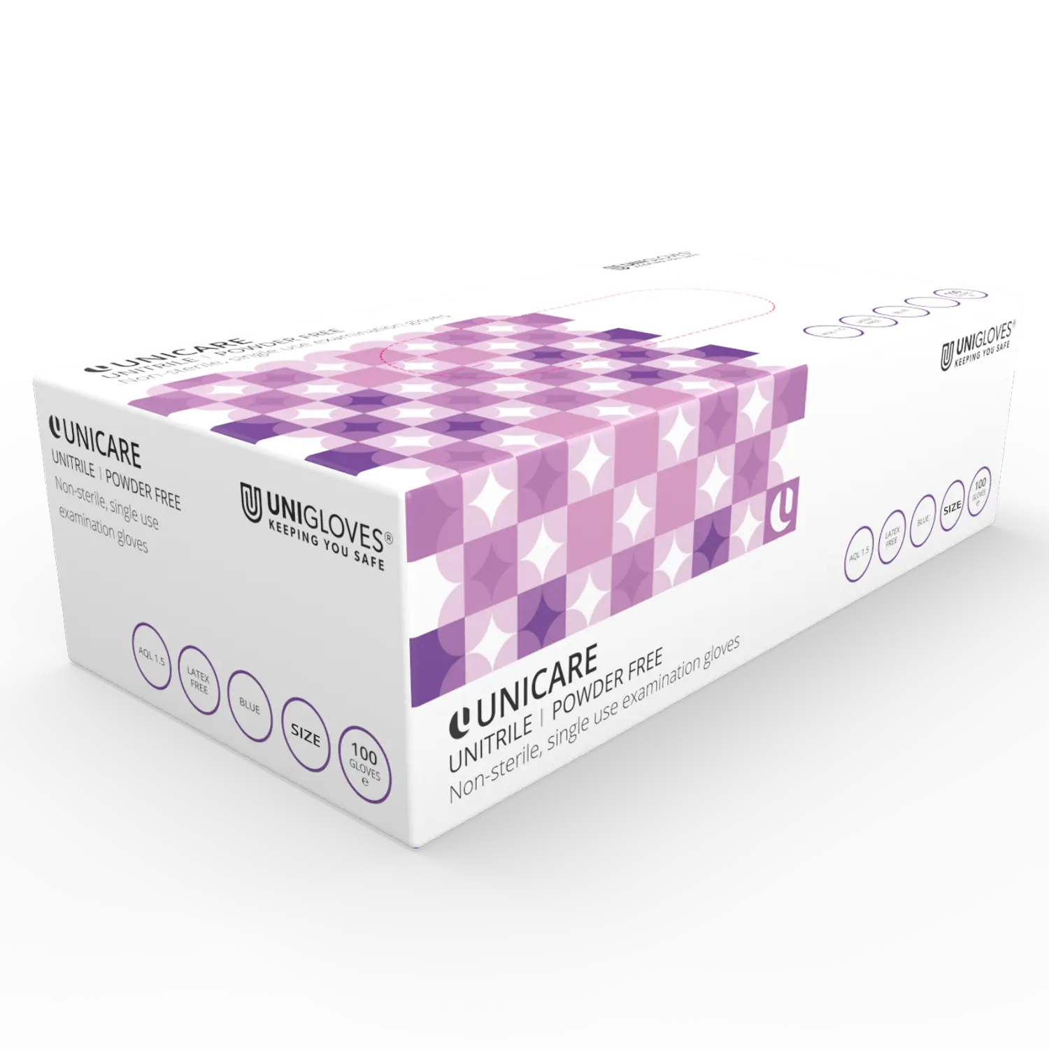 Unicare Blue Nitrile Examination Gloves photographed against a plain background.