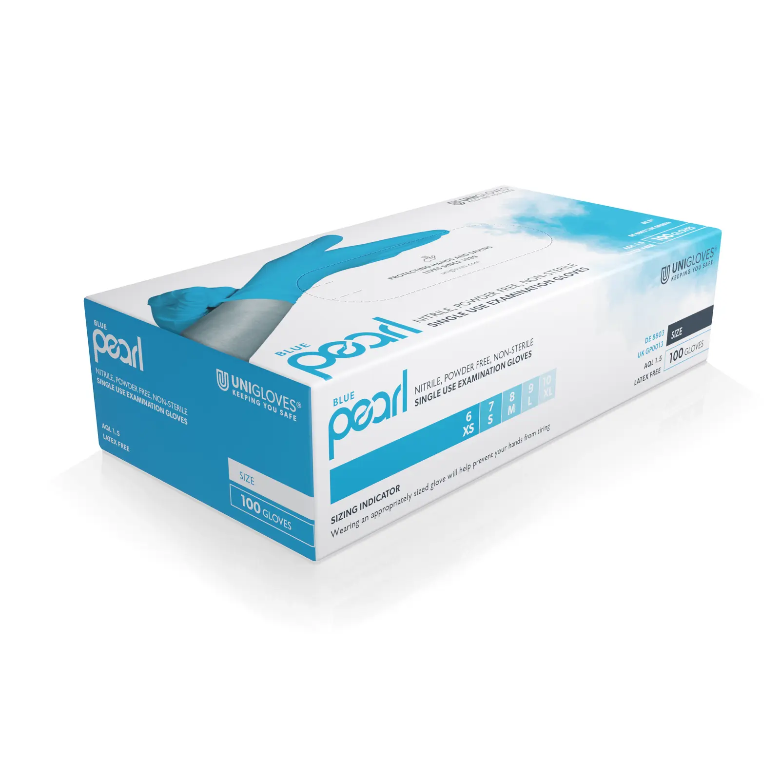 Unigloves Blue Nitrile Examination Gloves photographed against a plain background.