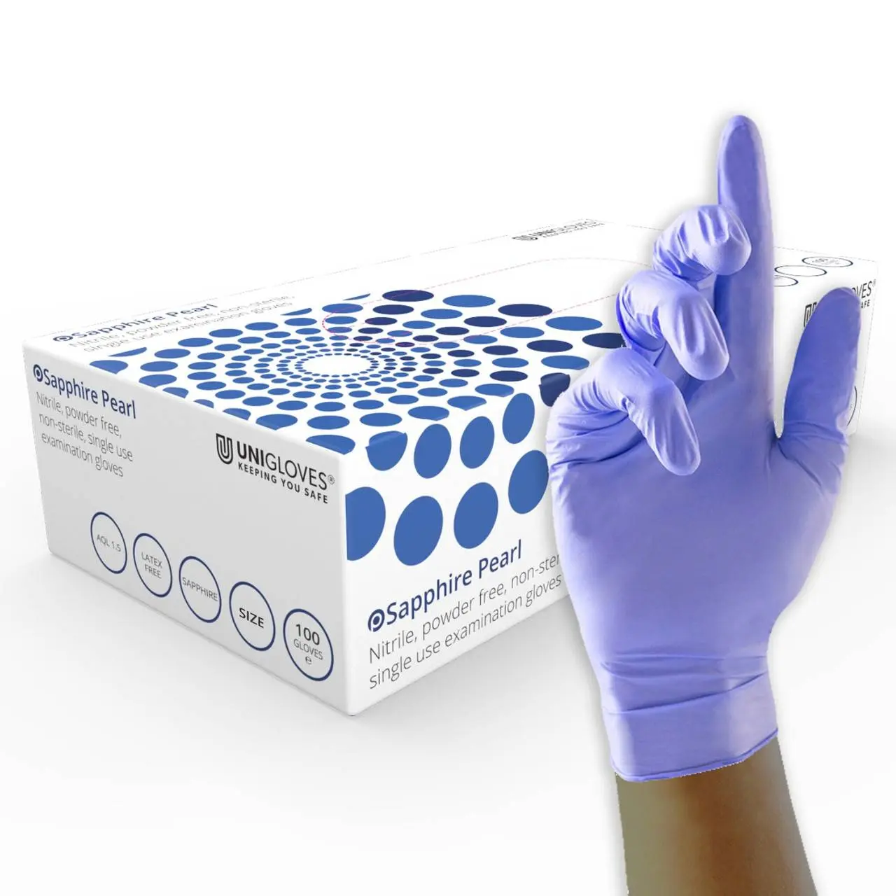 Unigloves Nitrile Examination Gloves photographed against a plain background.