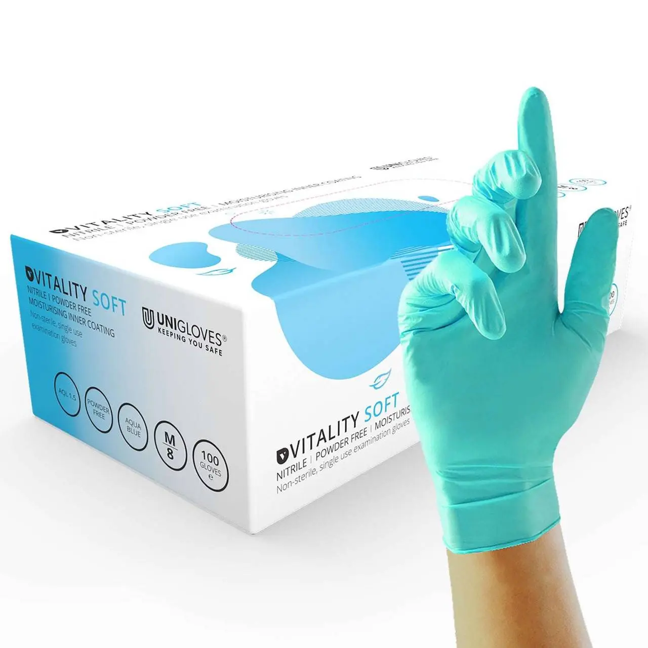 Unigloves Nitrile Examination Gloves photographed against a plain background.
