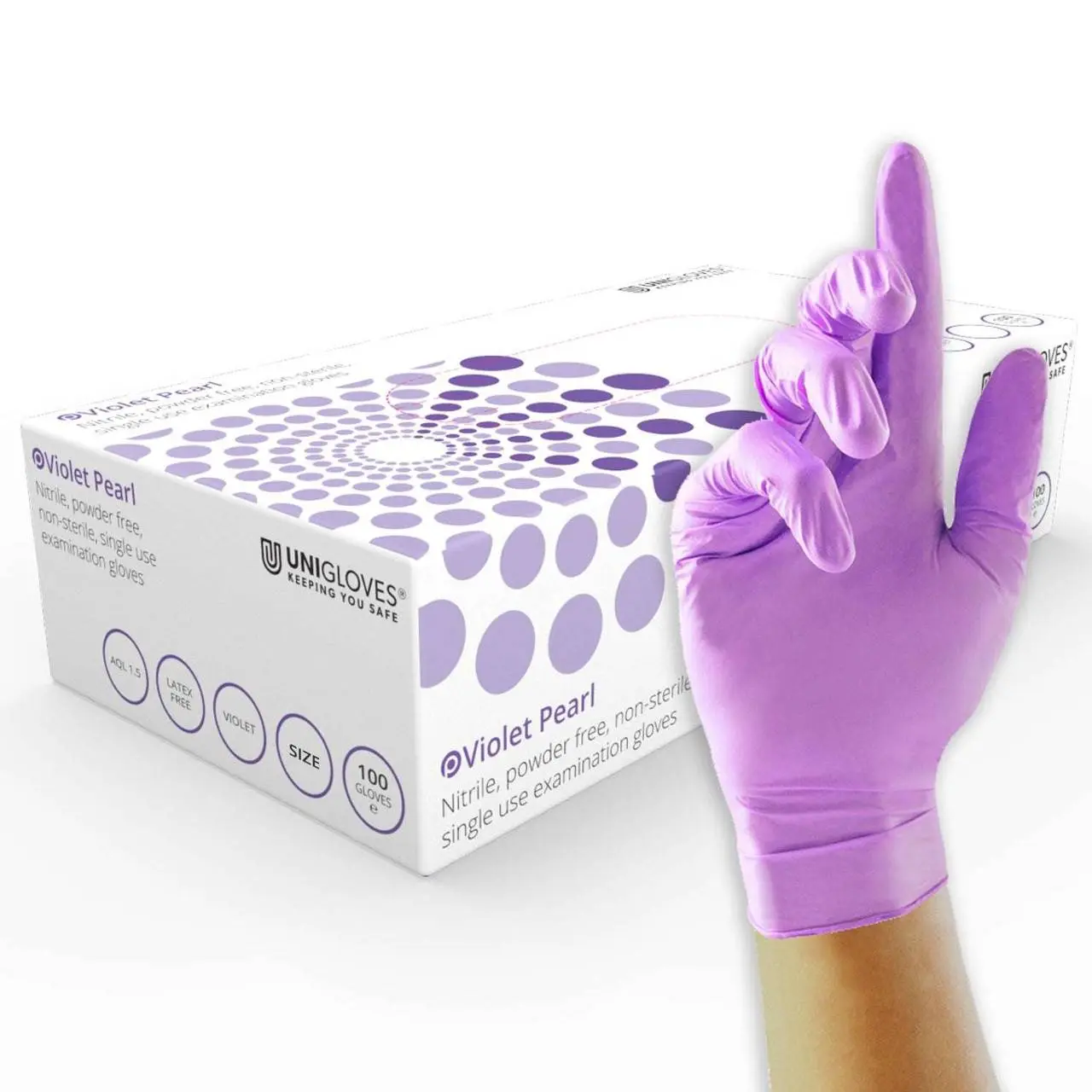 Unigloves Nitrile Examination Gloves photographed against a plain background.