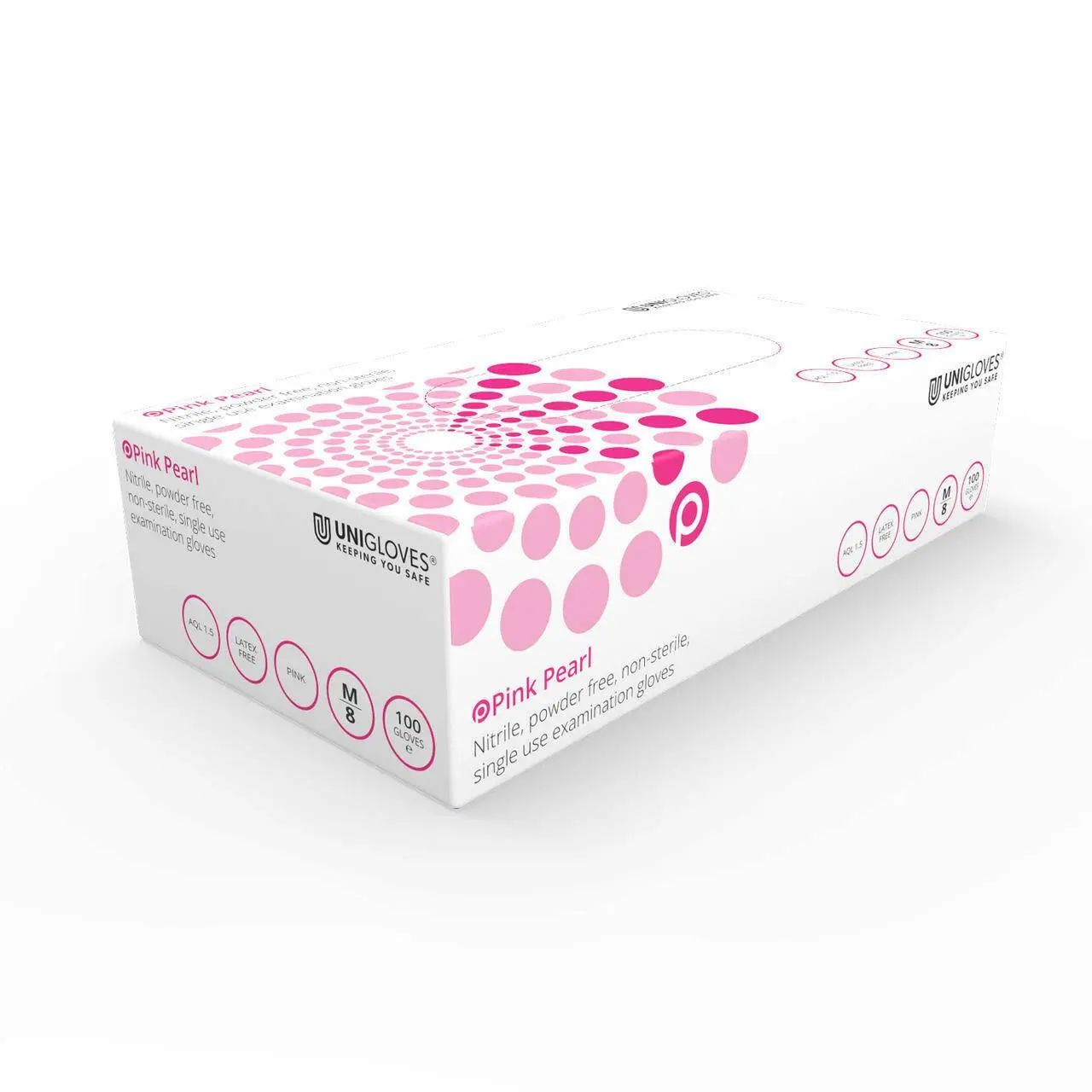 Unigloves Pink Nitrile Examination Gloves photographed against a plain background.