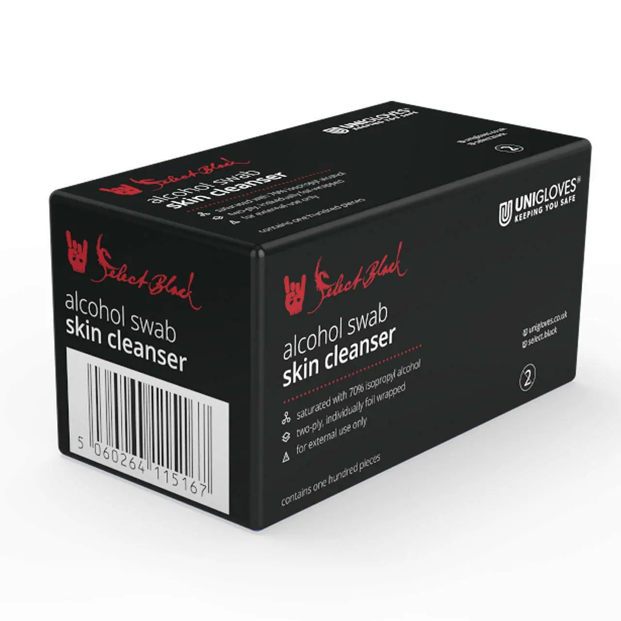 Unigloves Select Black Alcohol Swab Skin Cleanser photographed against a plain background.