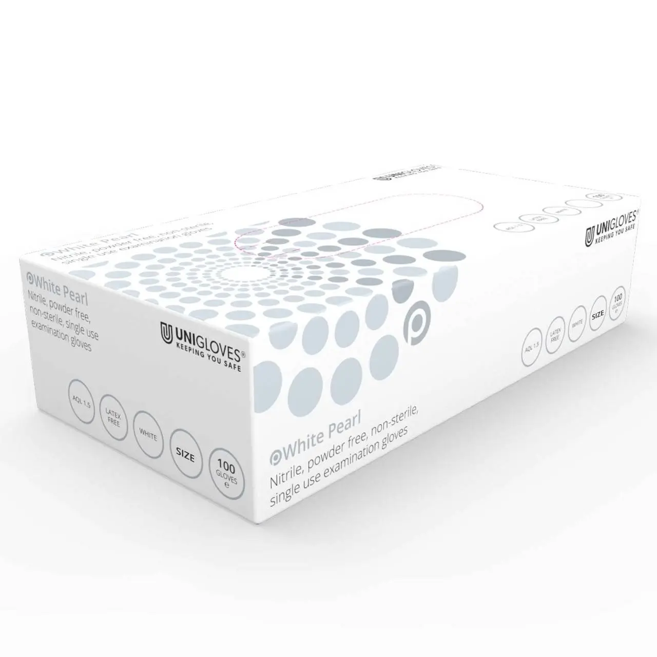 Unigloves White Nitrile Examination Gloves photographed against a plain background.