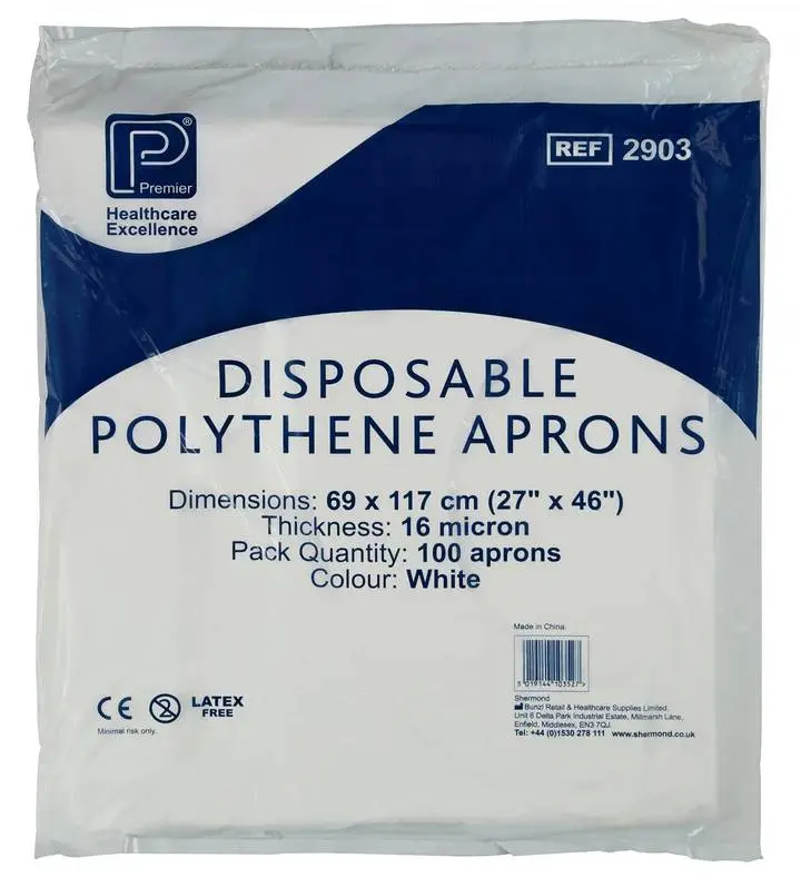 White Disposable Polythene Aprons 69cm x 117cm Pack of 100 Premier photographed against a plain background.