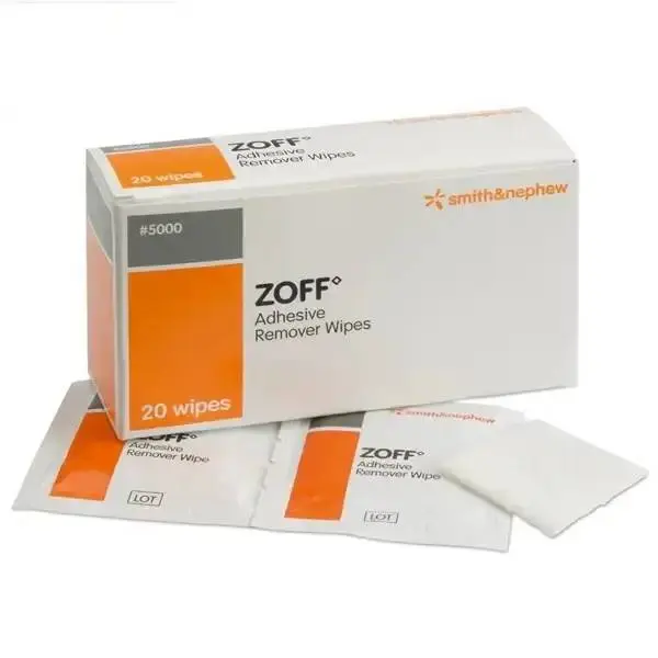 Zoff Adhesive Remover Wipes Pack of 20 photographed against a plain background.