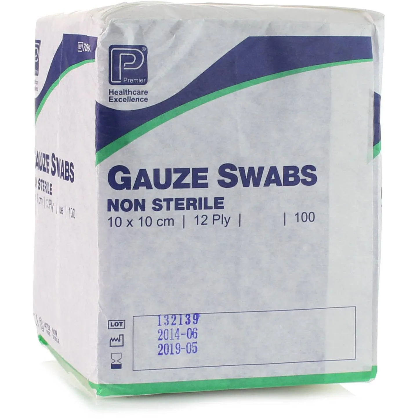 10cm x 10cm 12ply Premier Green Cotton Gauze Swabs Pack of 100 photographed against a plain background.