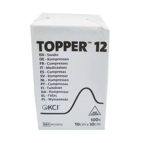 10cm x 10cm 6 ply Non Sterile Swabs Pack of 100 Topper 12 photographed against a plain background.