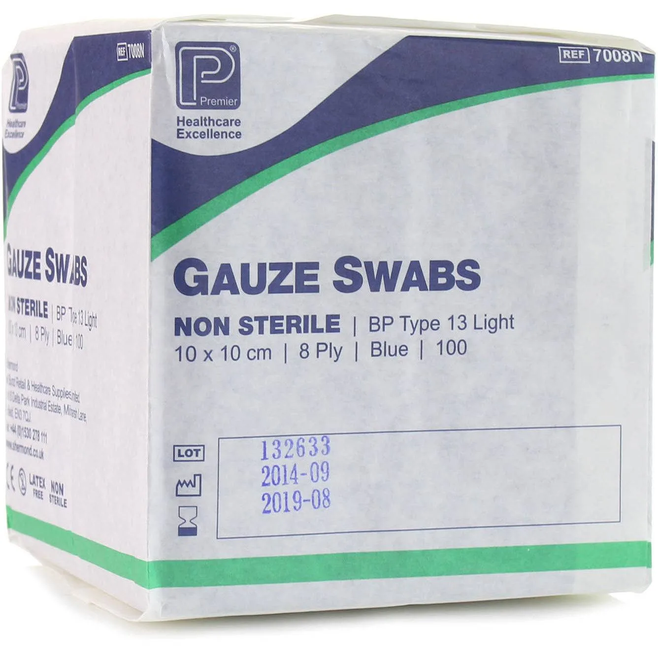 10cm x 10cm 8 Ply Premier Blue Cotton Gauze Swabs Pack of 100 photographed against a plain background.