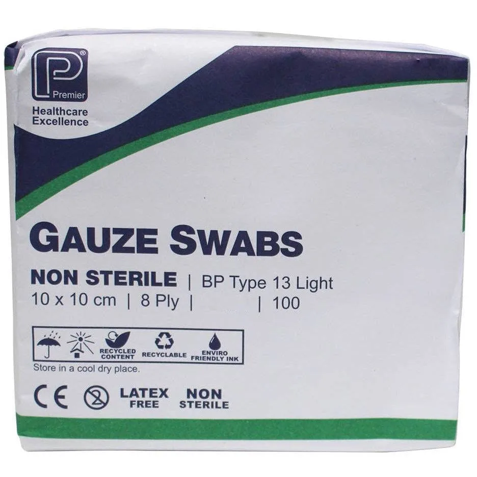 10cm x 10cm 8ply Premier Green Cotton Gauze Swabs Pack of 100 photographed against a plain background.