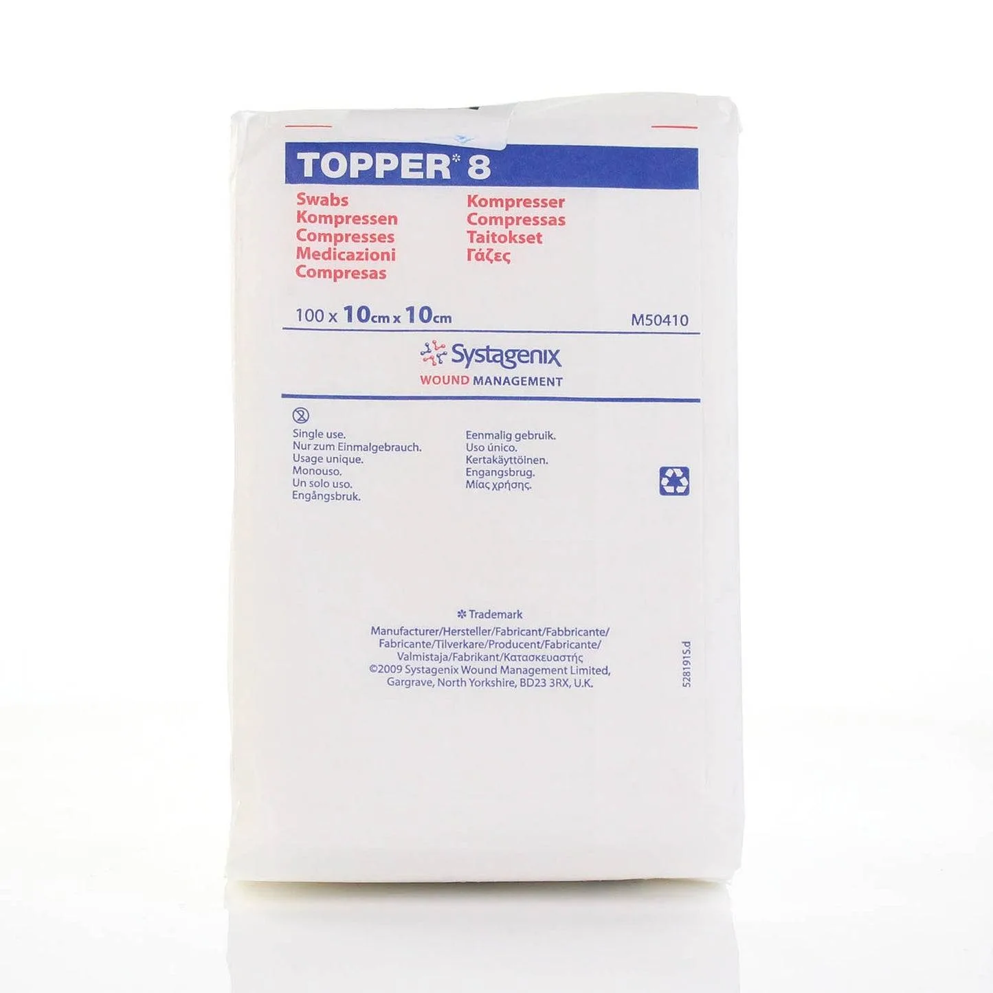 10cm x 10cm Topper 8 4 ply Non Sterile Swabs Pack of 100 J&J photographed against a plain background.