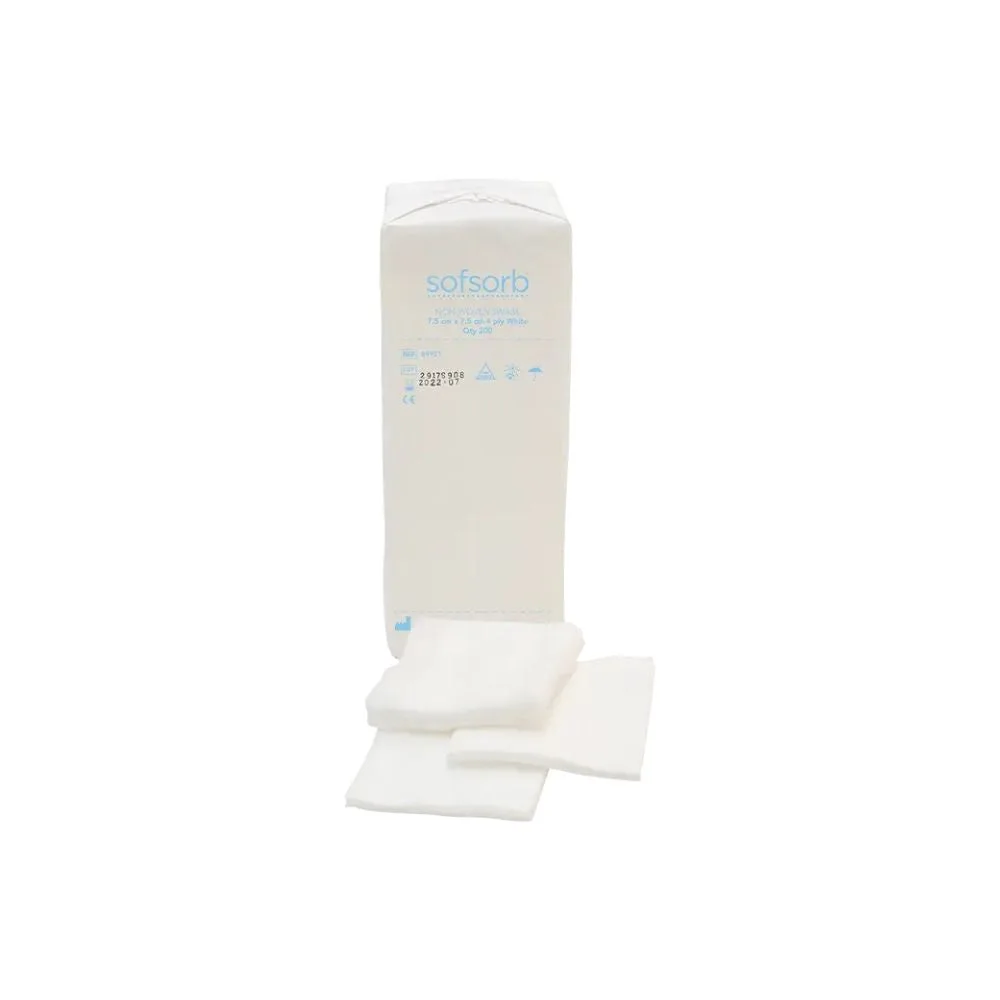 7.5cm x 7.5cm 4Ply Sofsorb Non-woven Swabs Pack of 200 photographed against a plain background.