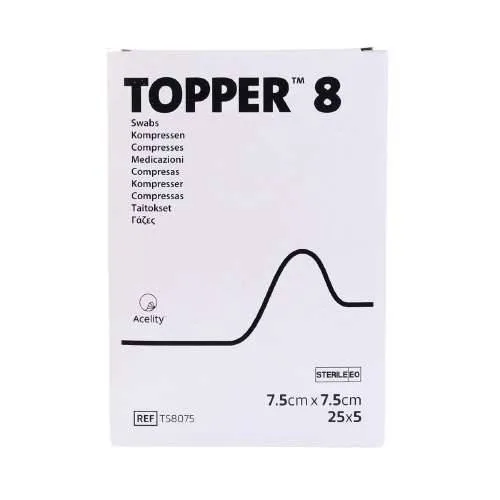 7.5cm x 7.cm Topper 8 12 ply Non Sterile Swabs Pack of 125 J&J photographed against a plain background.