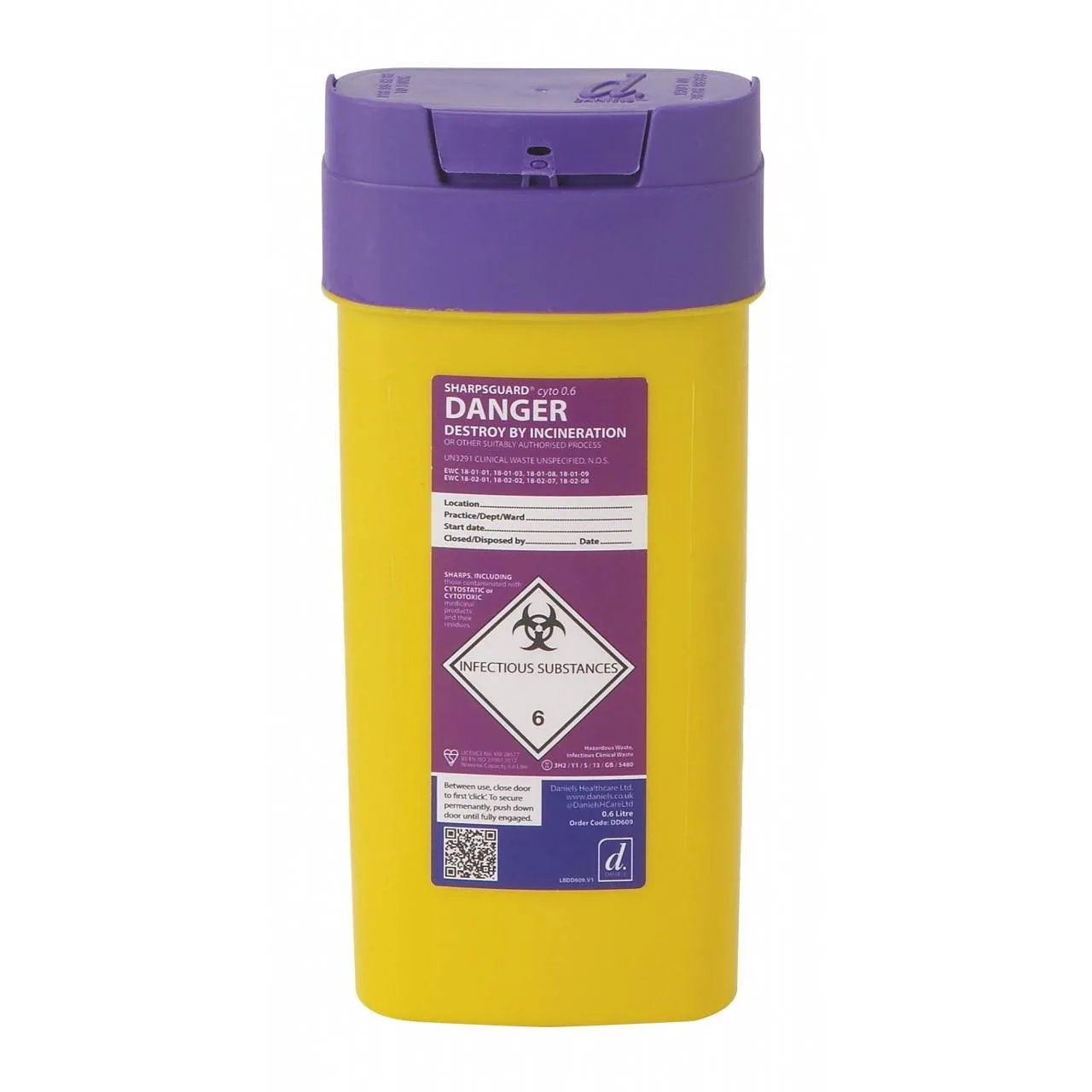Daniels 0.6 Litre Sharpsguard Purple Cyto Sharps Bin photographed against a plain background.