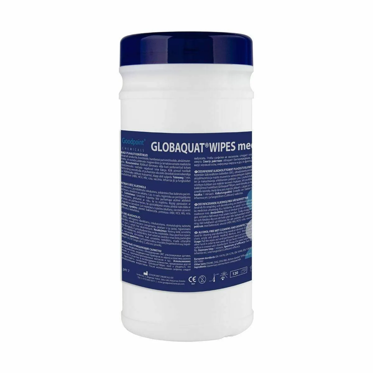 Goodpoint Globaquat med Wipes Alcohol-Free - 120 wipes photographed against a plain background.