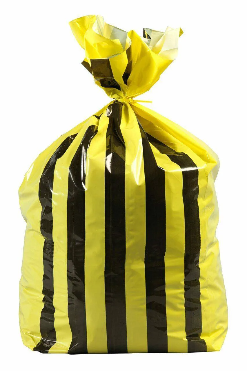 GV Health 20L Small Tiger Stripe Polythene Offensive Waste Bags - 1 Roll of 50 photographed against a plain background.