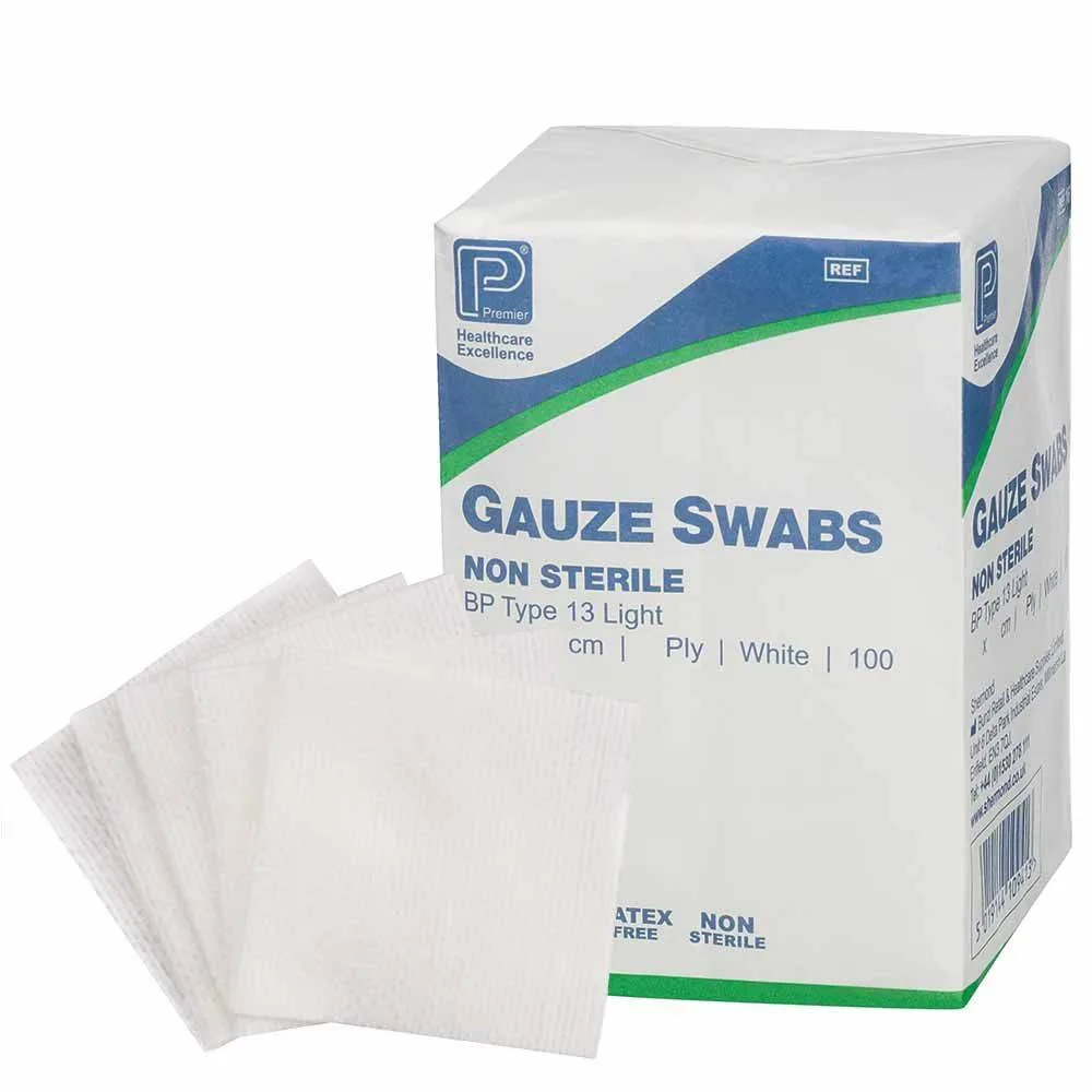 Premier 5cm x 5cm Non Sterile 12 Ply Gauze Swabs White Pack of 100 photographed against a plain background.