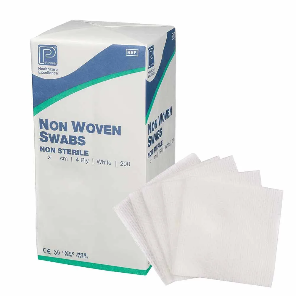 Premier Non-Woven Non Sterile Swabs 4ply 5cmx5cm Pack of 200 photographed against a plain background.