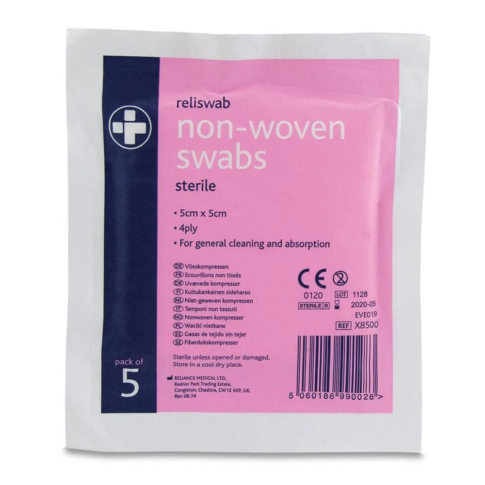Reliance Medical 5cm x 5cm Reliswab Swabs Non-Woven Sterile 4ply Pack of 5 photographed against a plain background.