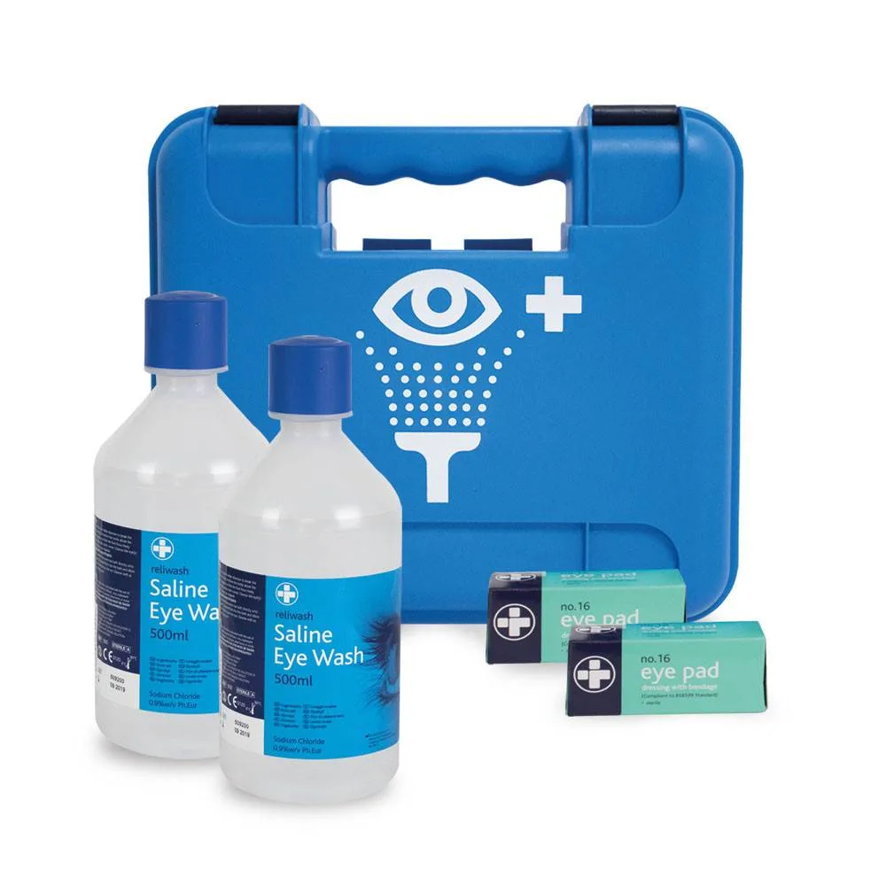 Reliance Medical Eye Wash Station in Blue TITAN Box photographed against a plain background.