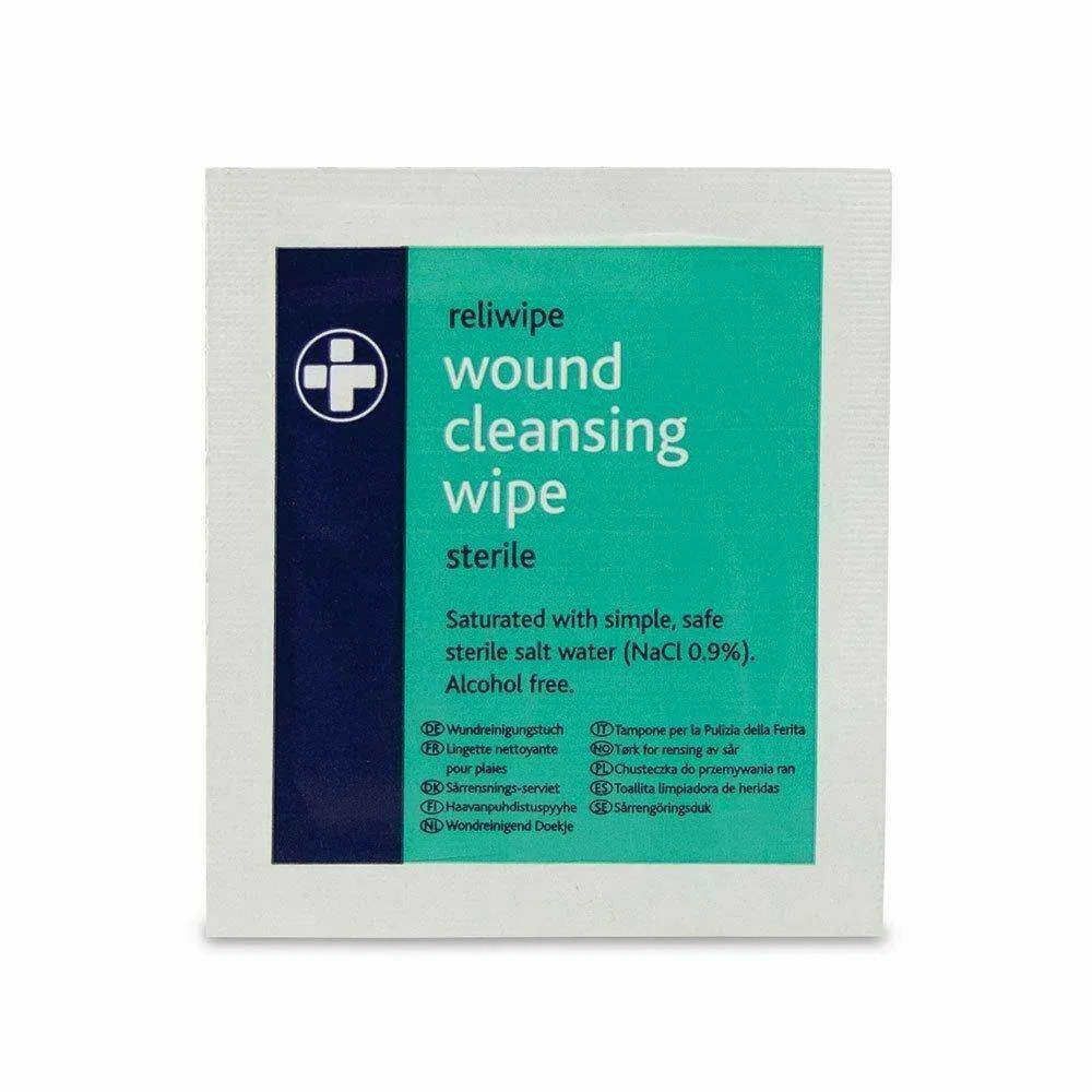Reliance Medical Reliwipe Moist Saline Cleansing Wipes Pack of 5 photographed against a plain background.
