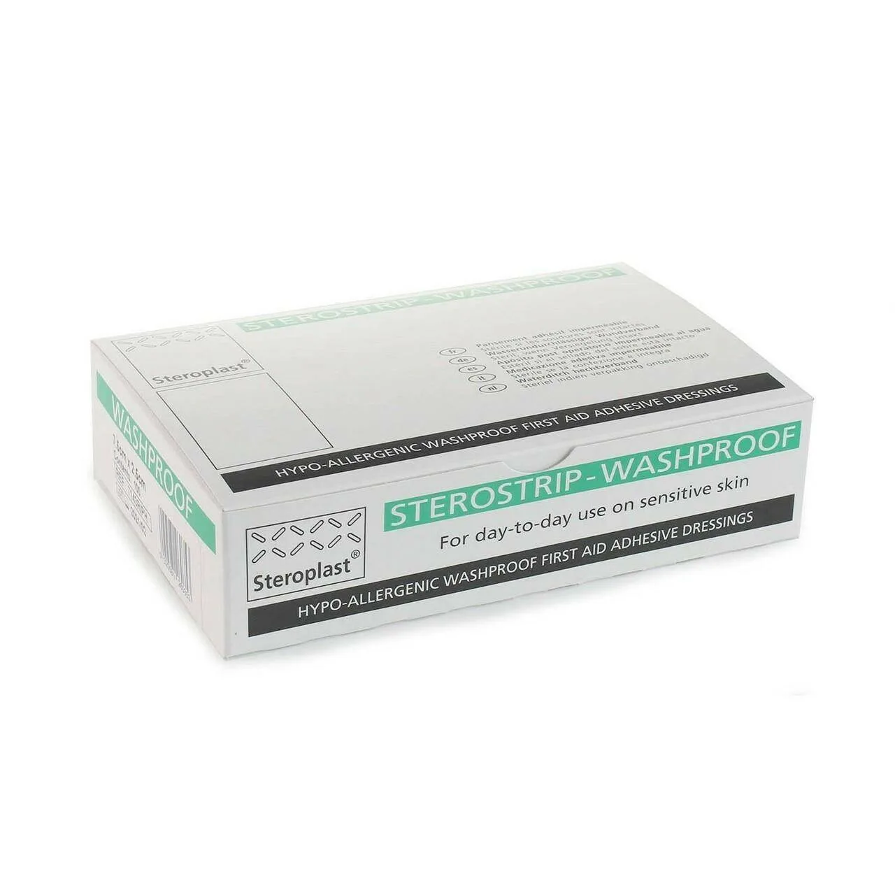 Steroplast Hypo-Allergenic Sterostrip Washproof Plasters - Pack of 100 photographed against a plain background.