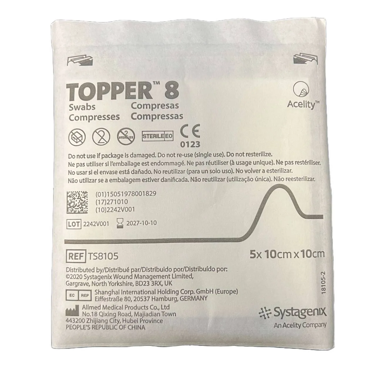 Systagenix 10cm x 10cm Topper 8 Sterile Gauze Swabs Single Pack of 5 photographed against a plain background.